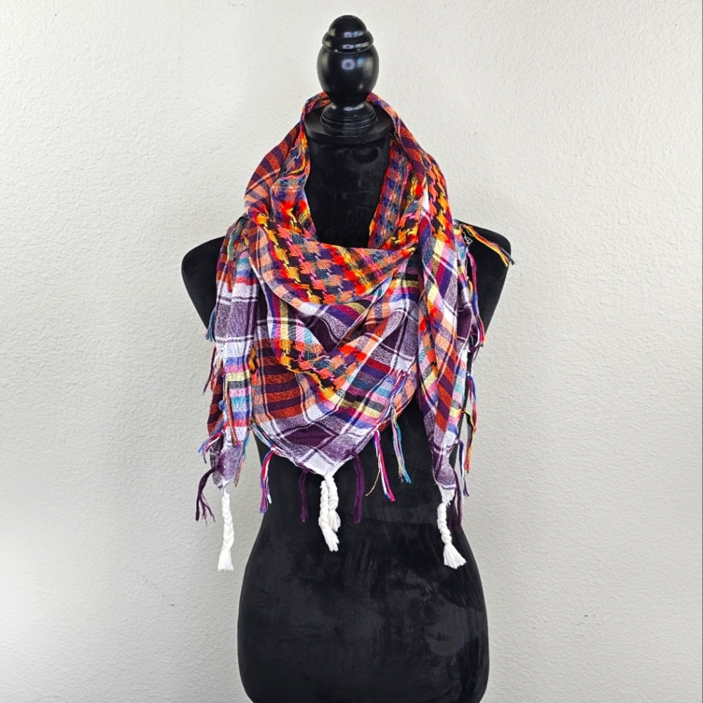 Woven Plaid Houndstooth Fringe Scarf